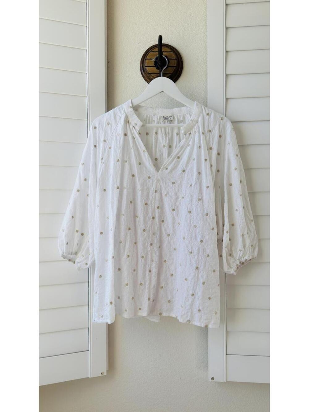 Jaclyn Smith White Gold Metallic Polka Dot Blouse - Size XL